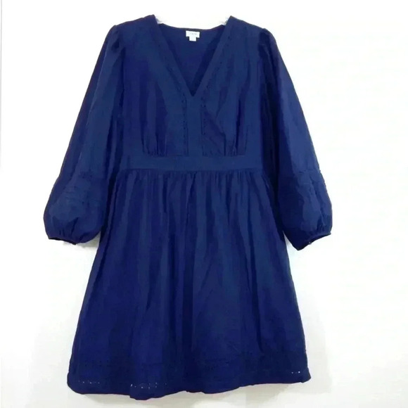 J. Crew Navy 100% Cotton V-Neck 3/4 Sleeve Crochet Trim Mini Dress XXS - Picture 1 of 10